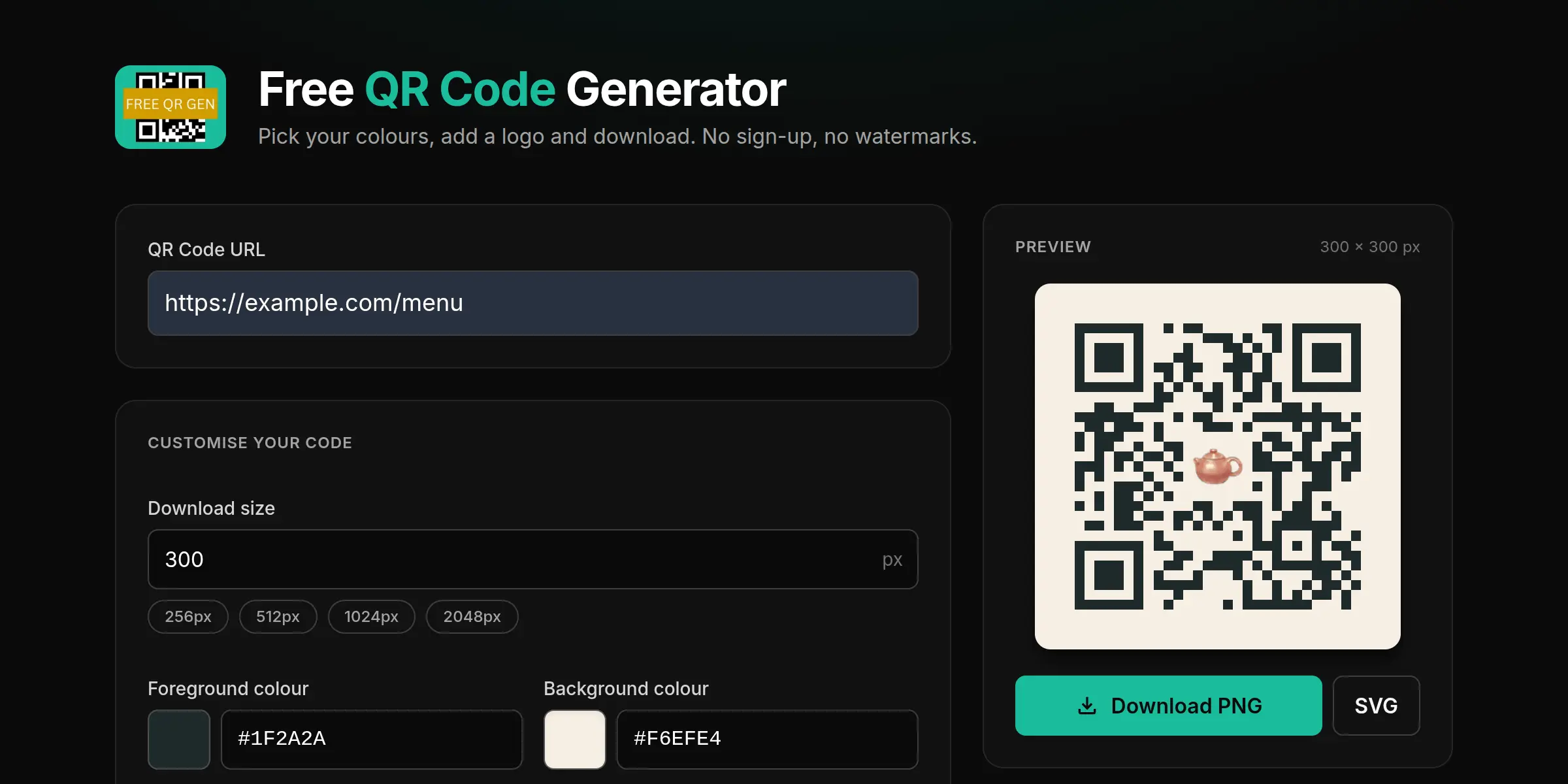 Free QR Gen download size presets with Download PNG and SVG buttons