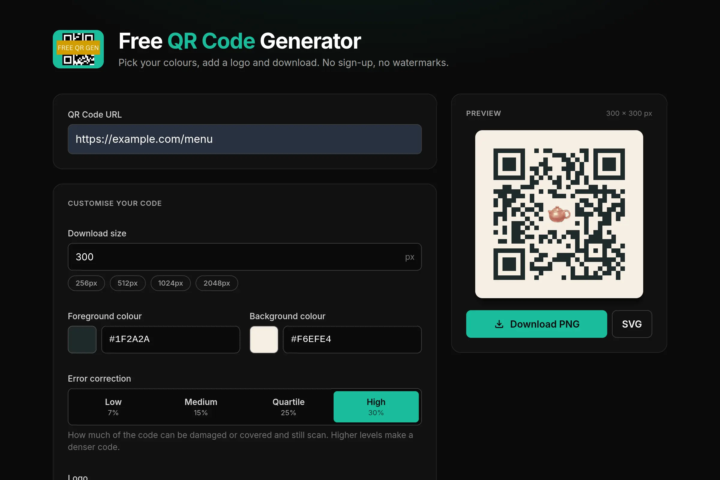 Free QR Gen with a menu link entered, a dark green code on a cream background and a copper pot logo in the centre