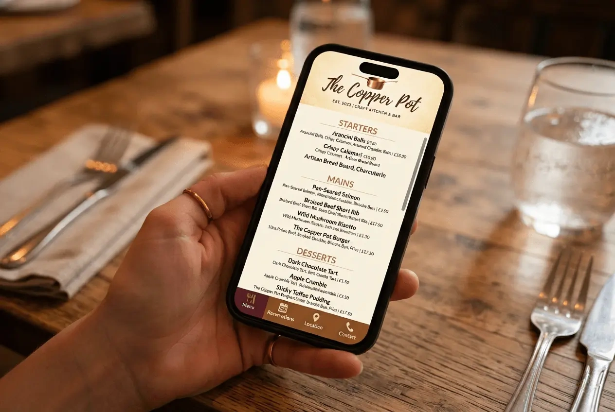 A diner holding a phone showing a restaurant menu web page at a wooden table