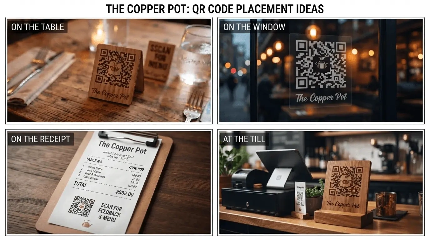 Restaurant QR codes on a table stand, a front window, a receipt and a counter stand by the till