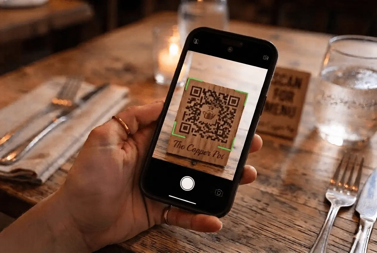 A phone camera scanning a QR code on a wooden table stand in a restaurant